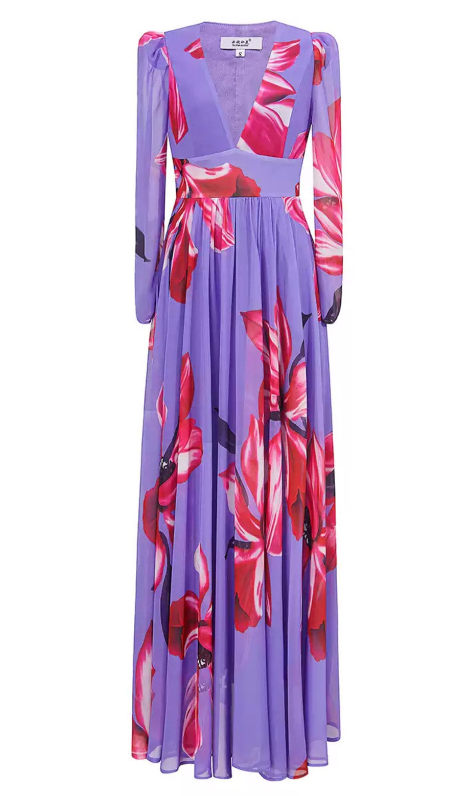 Purple Floral Maxi Dress with Long Sleeves and V Neck
