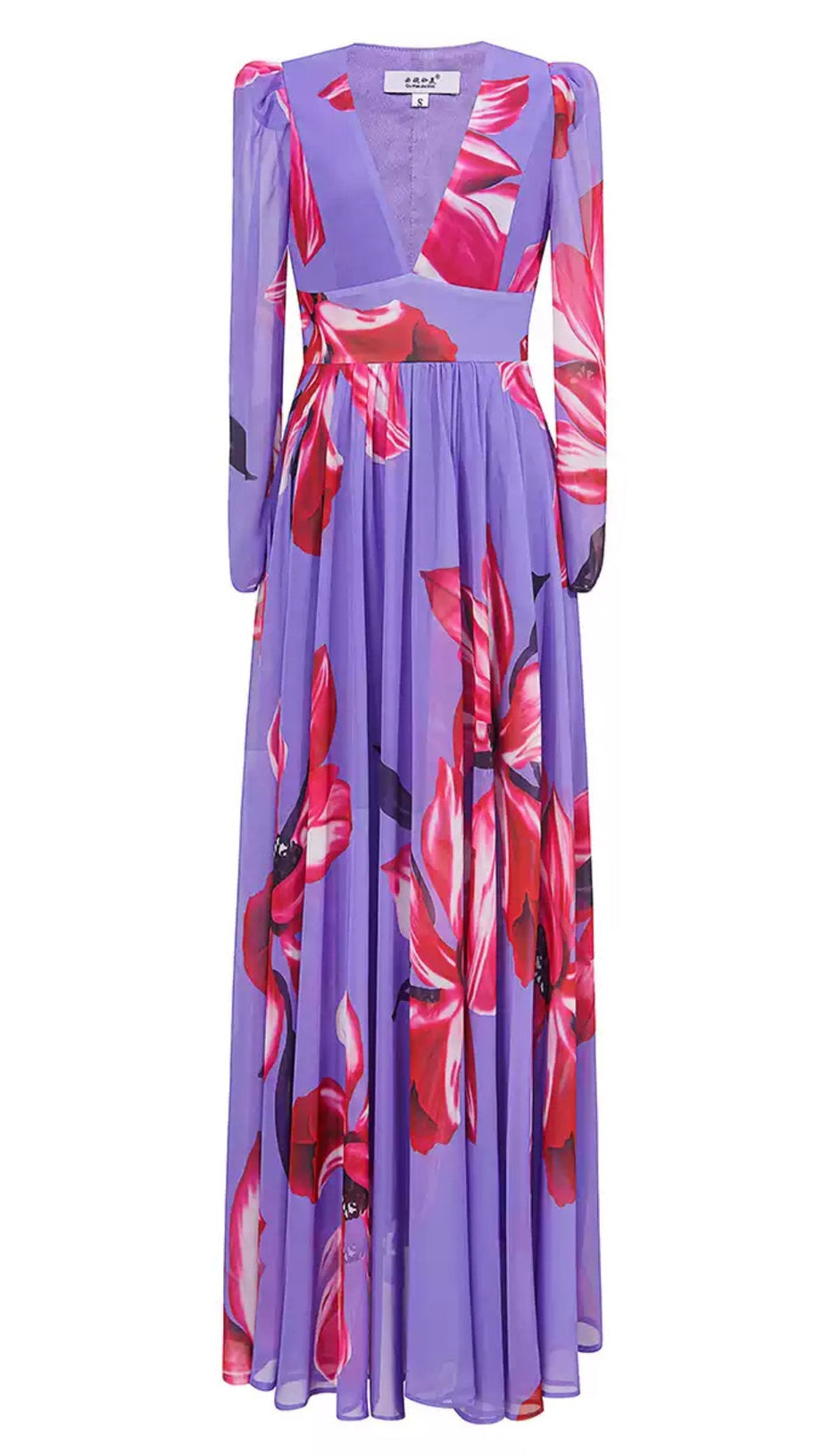 PURPLE FLORAL MAXI DRESS WITH LONG SLEEVES AND V NECK