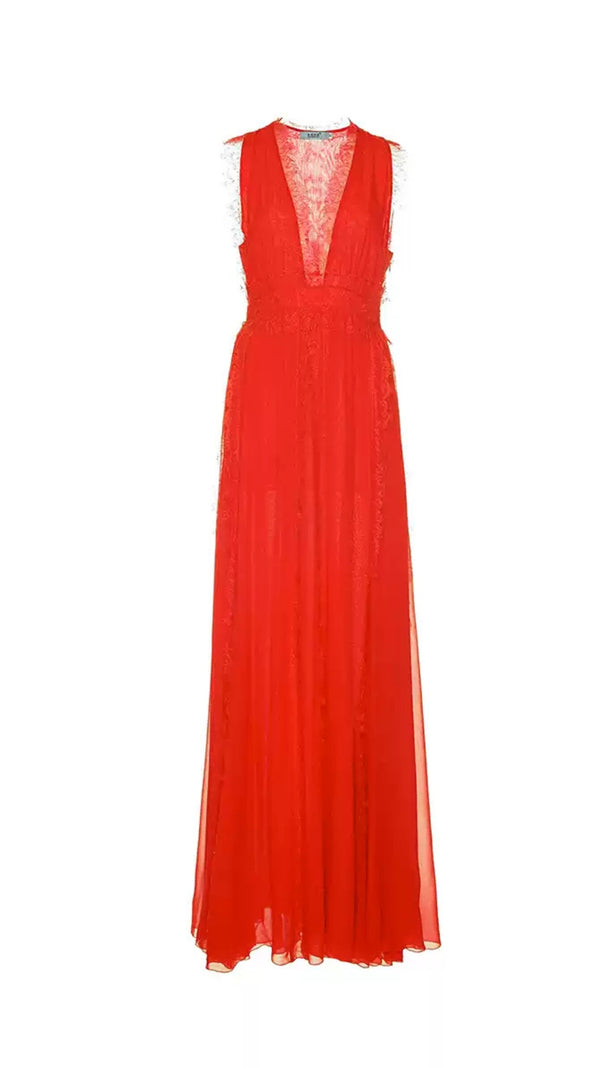 AIIZIE ELEGANT RED MAXI DRESS WITH SHEER LACE V - NECK - product image