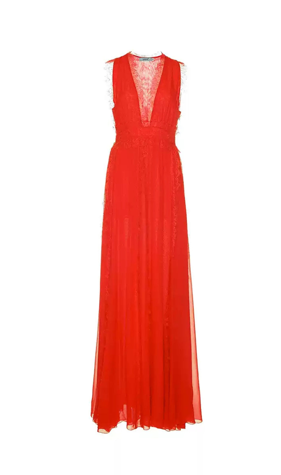 Elegantes rotes Maxikleid mit transparenter Spitze und V-Ausschnitt 