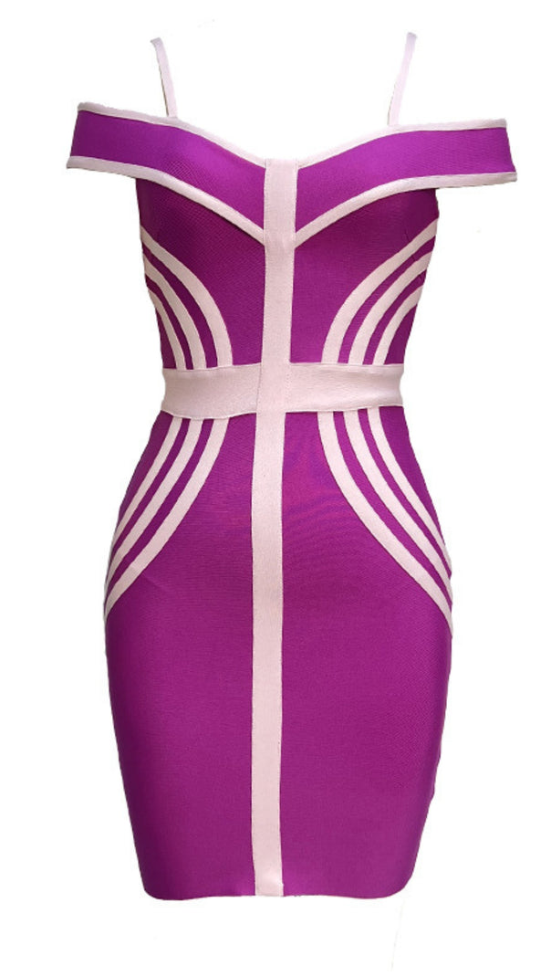 AIIZIE OFF SHOULDER CONTRAST TRIM BANDAGE MINI DRESS IN PURPLE - product image