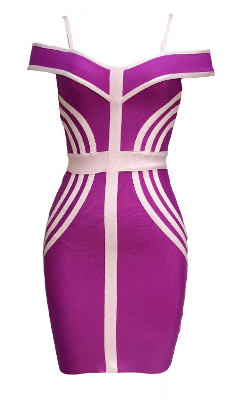 OFF  SHOULDER CONTRAST  TRIM BANDAGE MINI DRESS IN PURPLE