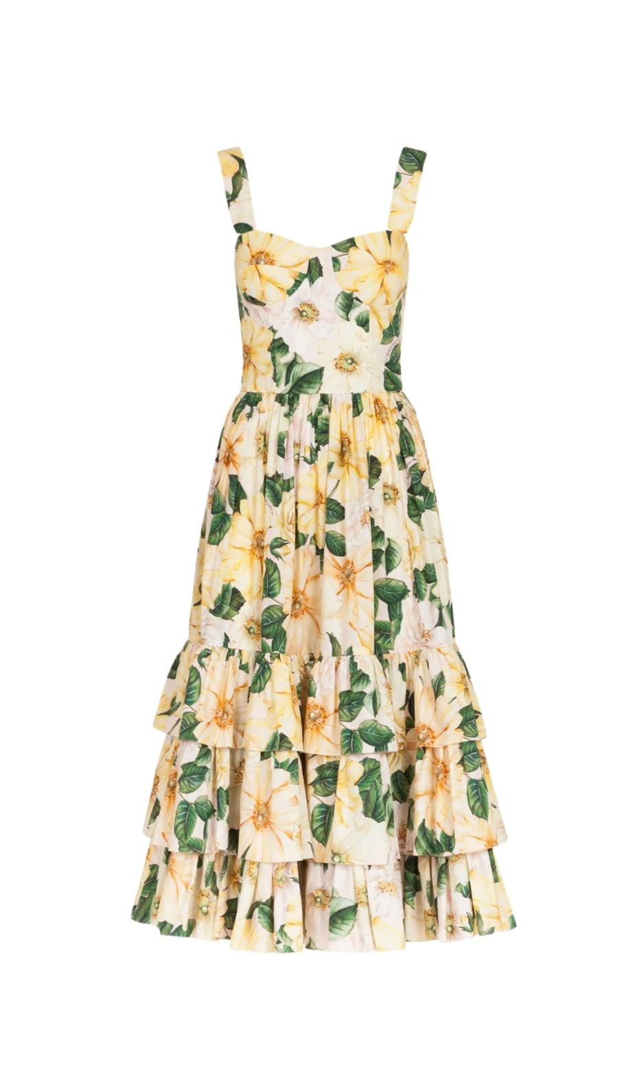 Abito midi in popeline con stampa camelia giallo