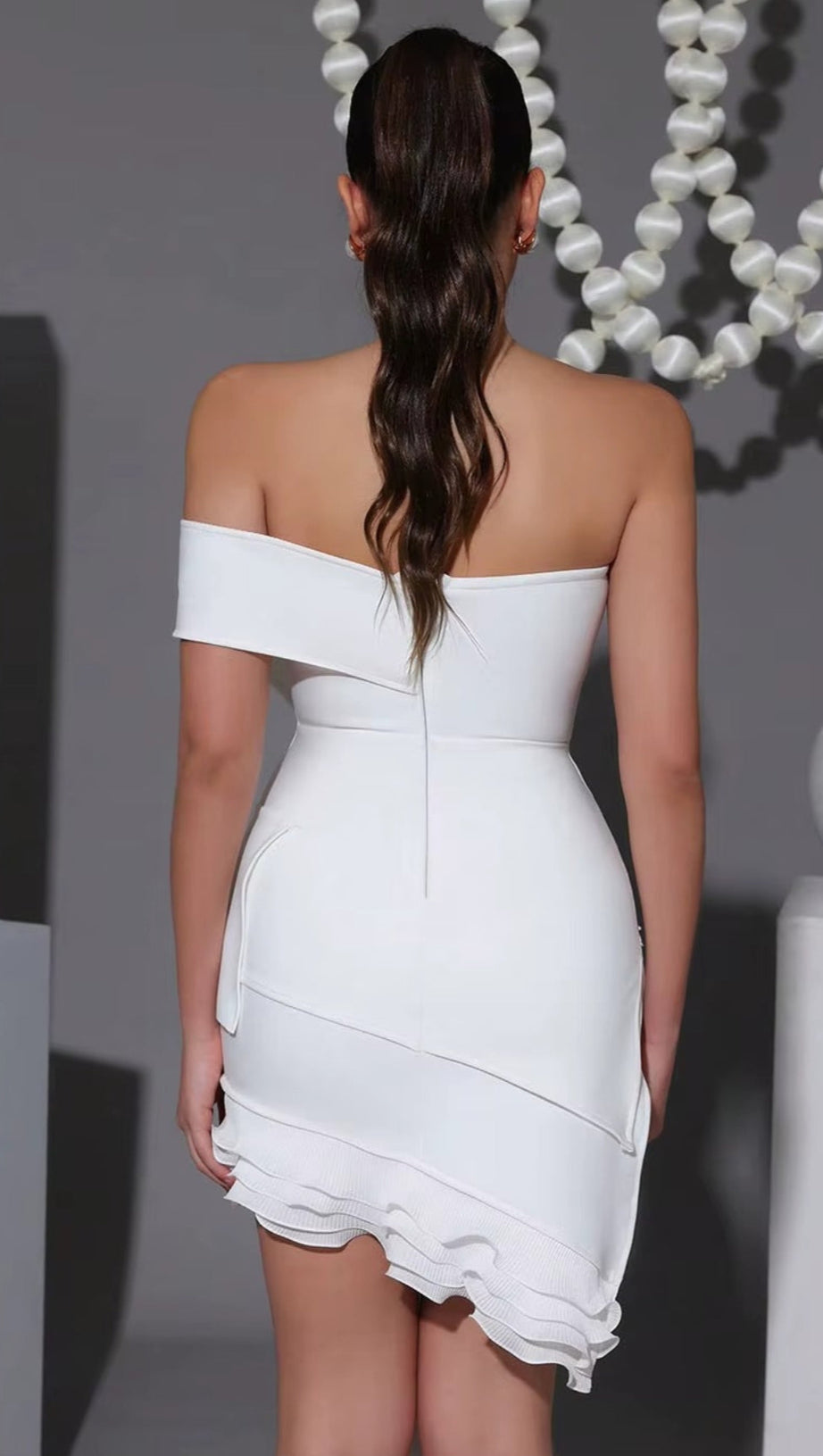 FLOWER DIAMOND RUFFLE TRIM TUBE TOP MINI DRESS IN WHITE