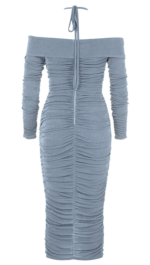AIIZIE HALTER OFF - SHOULDER RUCHED SLIT MIDI DRESS IN LIGHT BLUE - product image