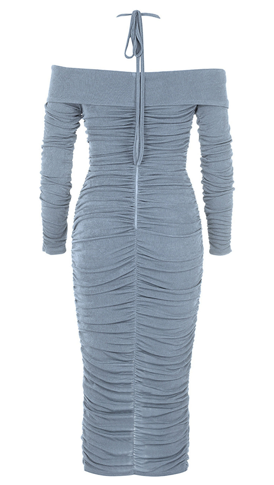 HALTER OFF - SHOULDER RUCHED SLIT MIDI DRESS IN LIGHT BLUE