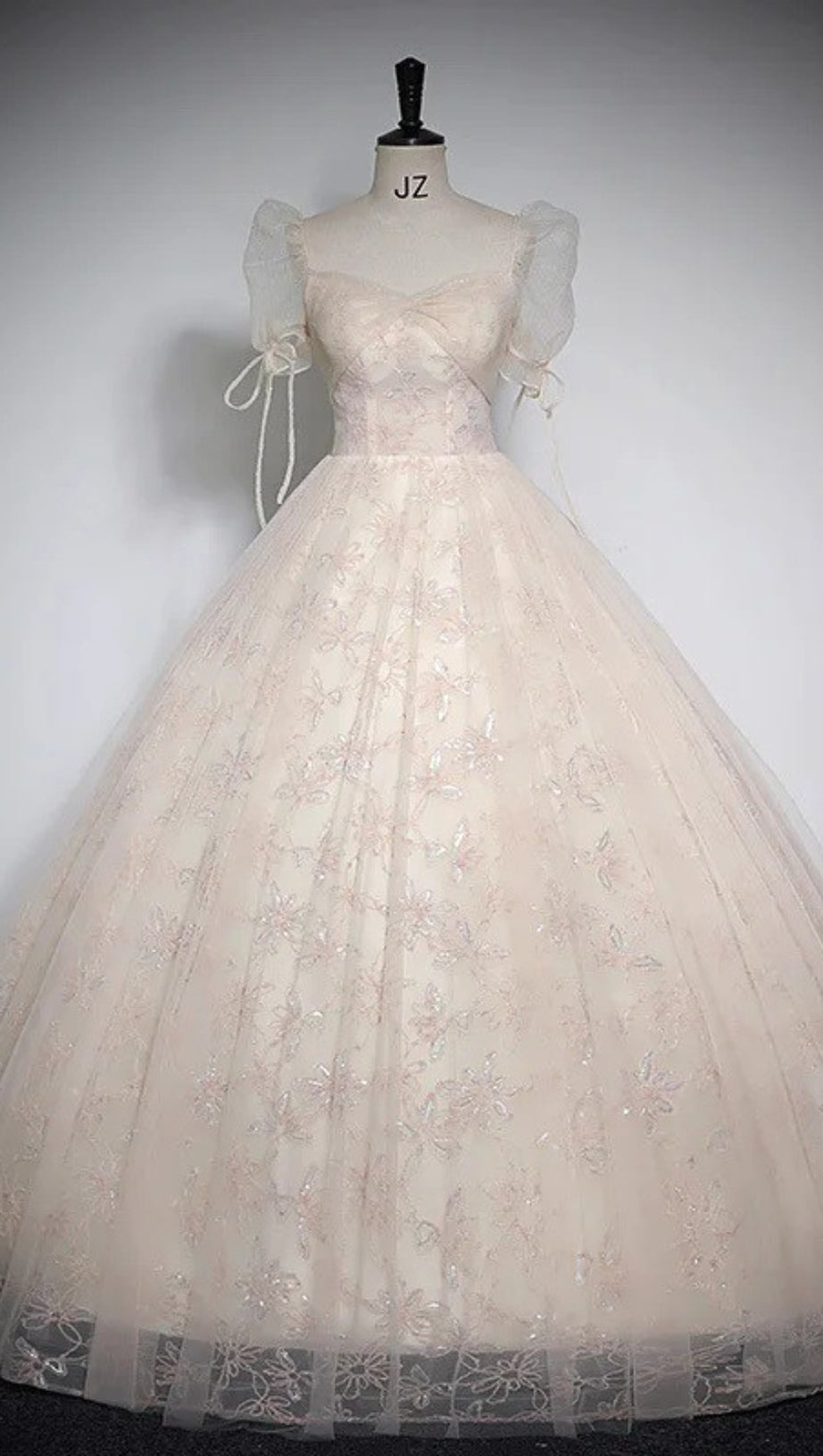 DUSTY BLUE FLORAL TULLE BALL GOWN PUFF SLEEVE PRINCESS DRESS