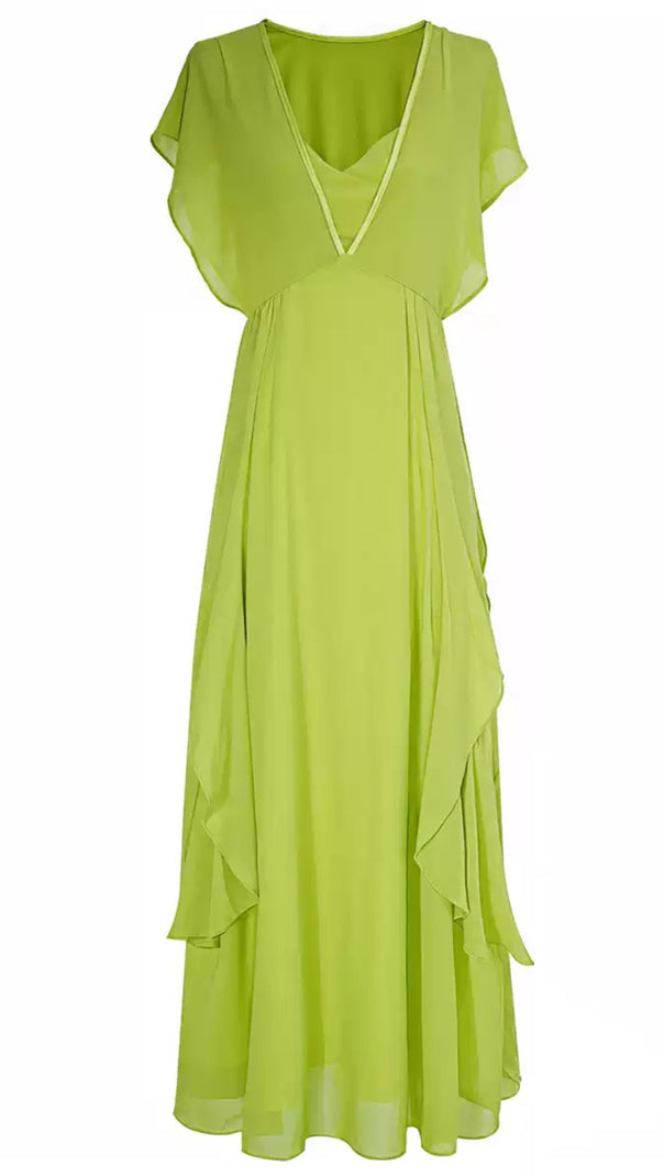 AIIZIE LIME GREEN CHIFFON V - NECK MAXI DRESS WITH RUFFLES - product image