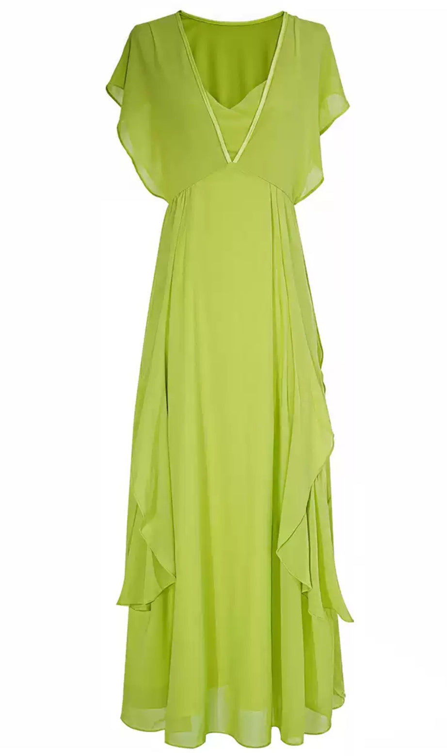 Abito lungo in chiffon verde lime con scollo a V e volant 