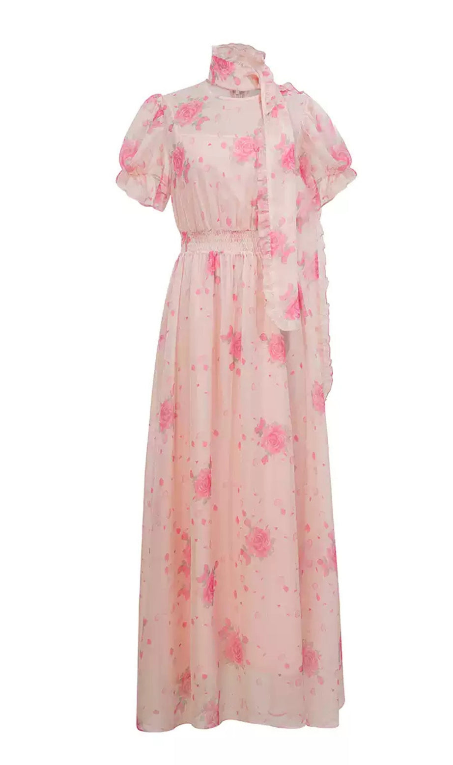 Pink Floral Chiffon Maxi Dress with Puff Sleeves and Scarf Neckline