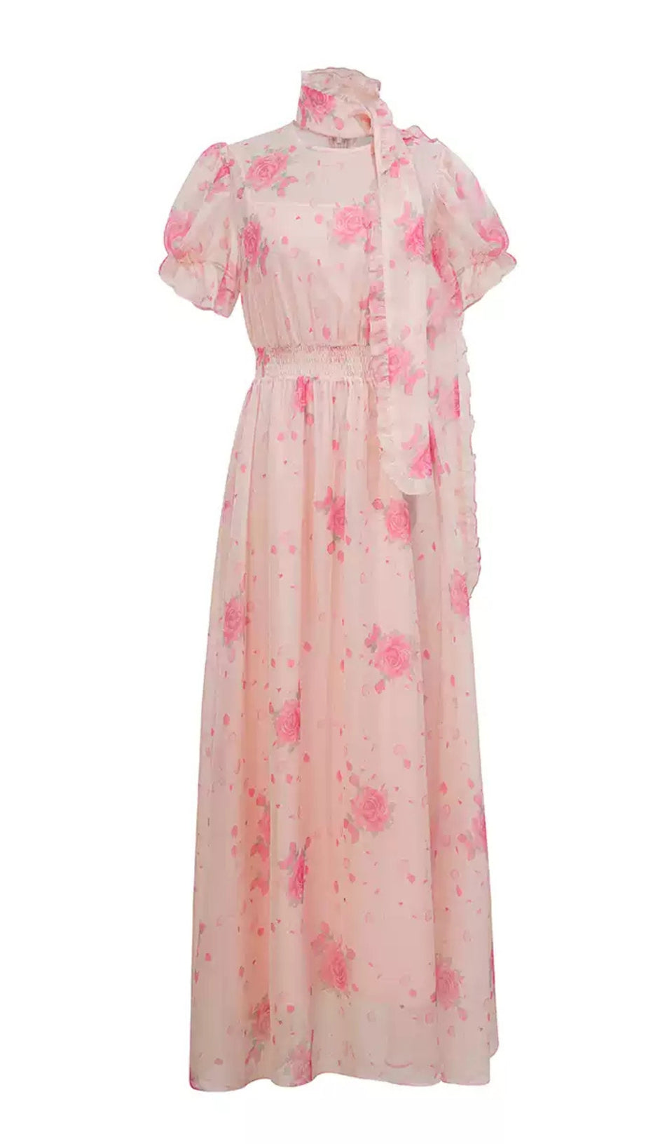 PINK FLORAL CHIFFON MAXI DRESS WITH PUFF SLEEVES AND SCARF NECKLINE