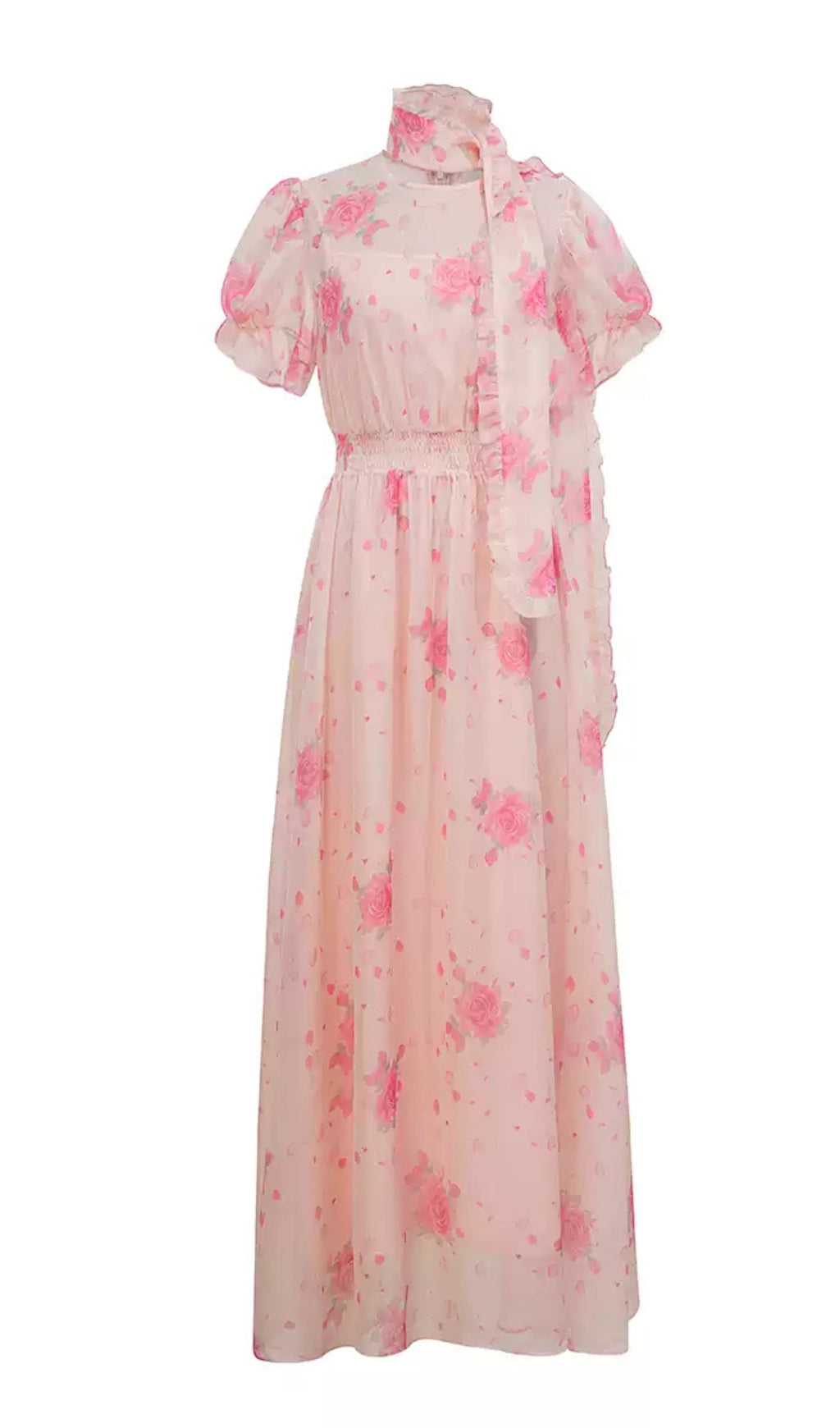 PINK FLORAL CHIFFON MAXI DRESS WITH PUFF SLEEVES AND SCARF NECKLINE