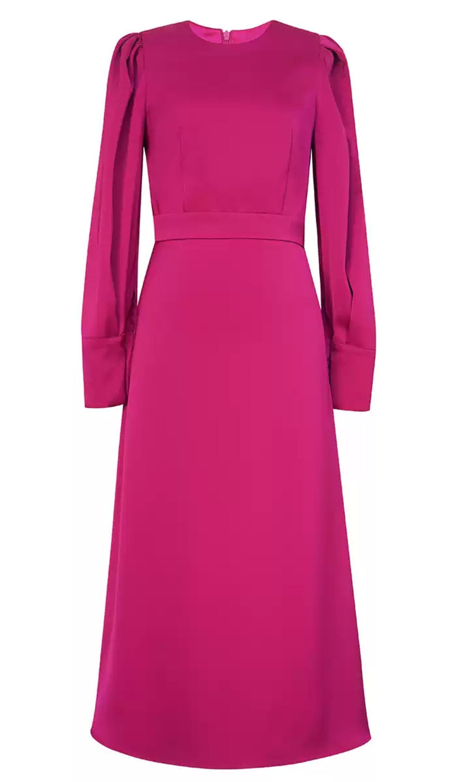 Fuchsia Puff Sleeve Midi Dress with Waistband