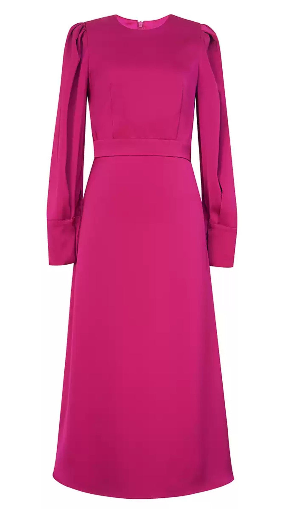 Fuchsiafarbenes Midikleid mit Puffärmeln und Bund 