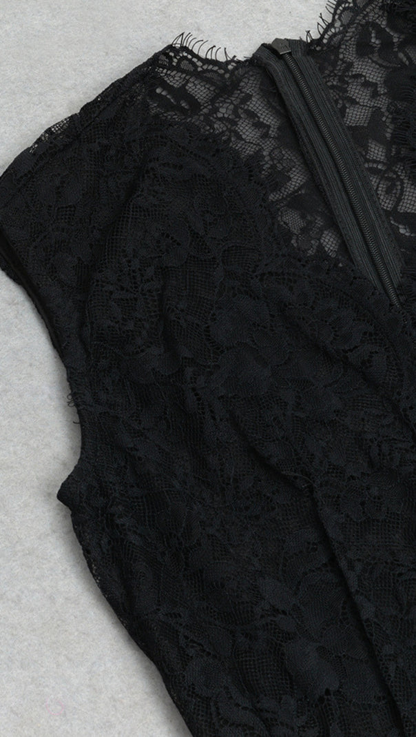 AIIZIE LACE BELTED ASYMMETRIC TIERED MIDI DRESS IN BLACK - product image