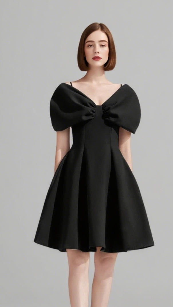 AIIZIE V - NECK SHORT - SLEEVE FIT - AND - FLARE DRESS IN BLACK - product image