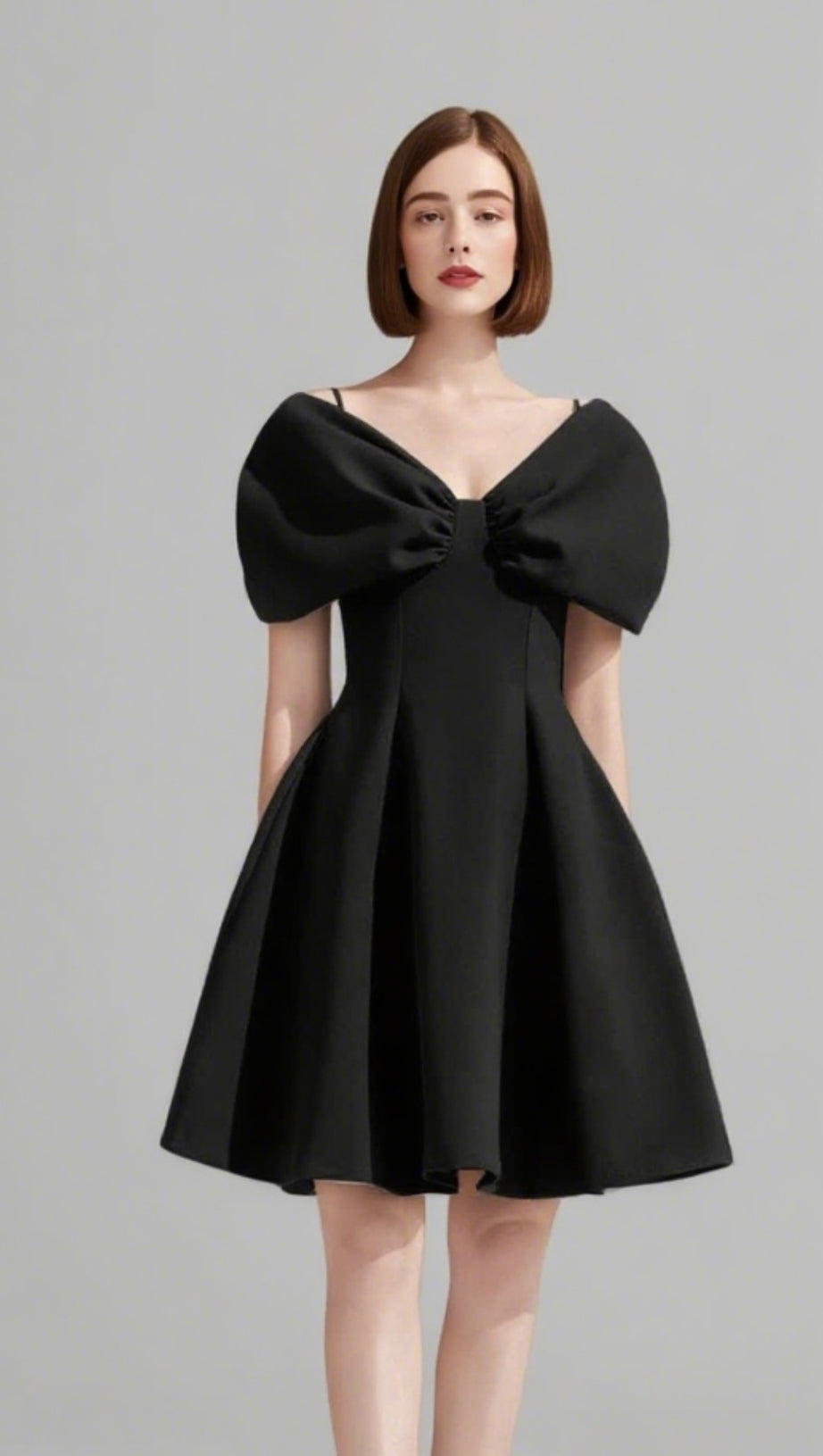 V - NECK SHORT - SLEEVE FIT - AND - FLARE DRESS IN BLACK