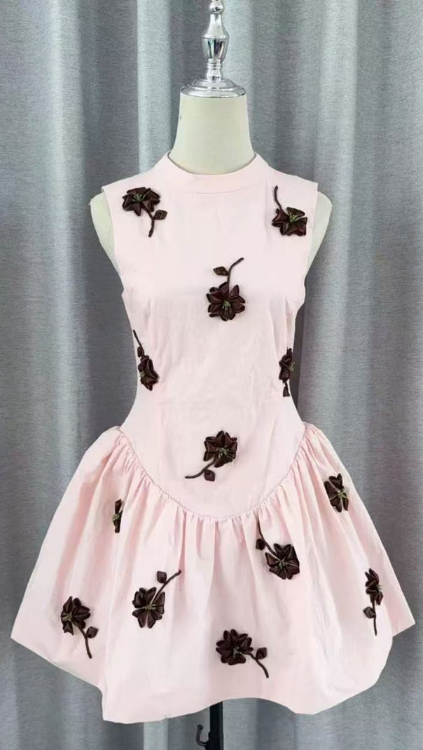 AIIZIE VIVIEN FLOWER EMBELLISHED PUFFY MINI DRESS IN PINK - product image