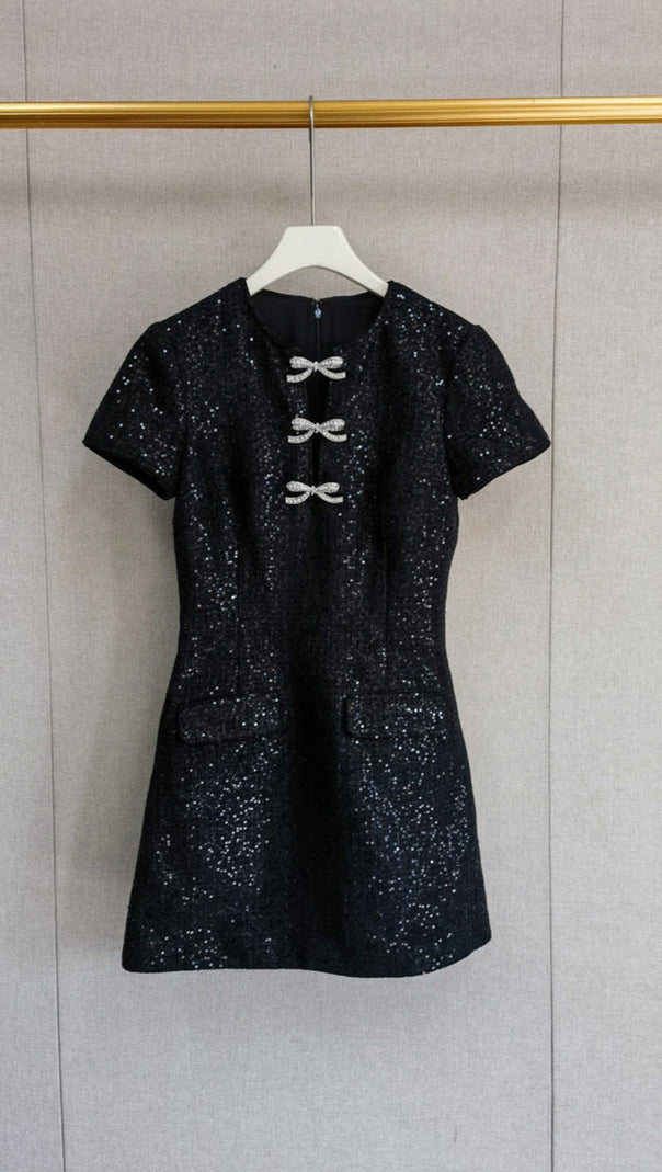 AIIZIE JANICE BLACK SEQUIN TWEED BOW MINI DRESS - product image