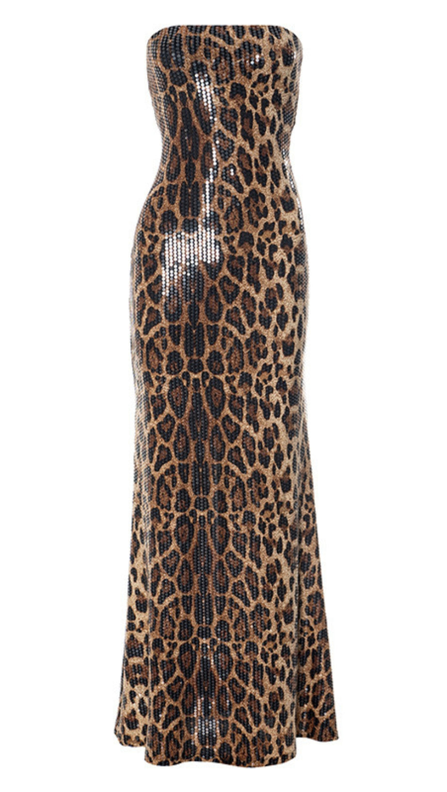 LEOPARD PRINT STRAPLESS SEQUIN MAXI DRESS