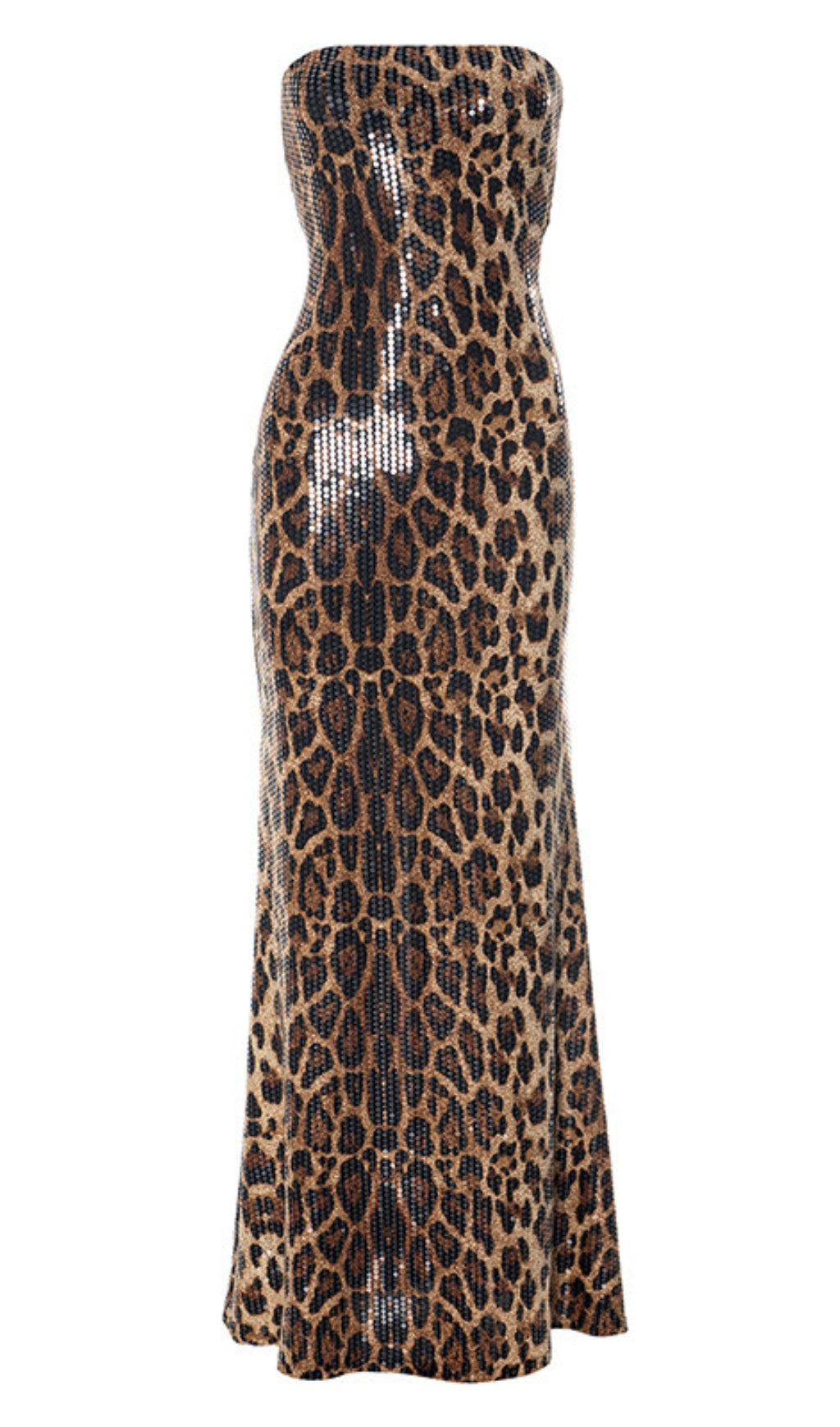 LEOPARD PRINT STRAPLESS SEQUIN MAXI DRESS