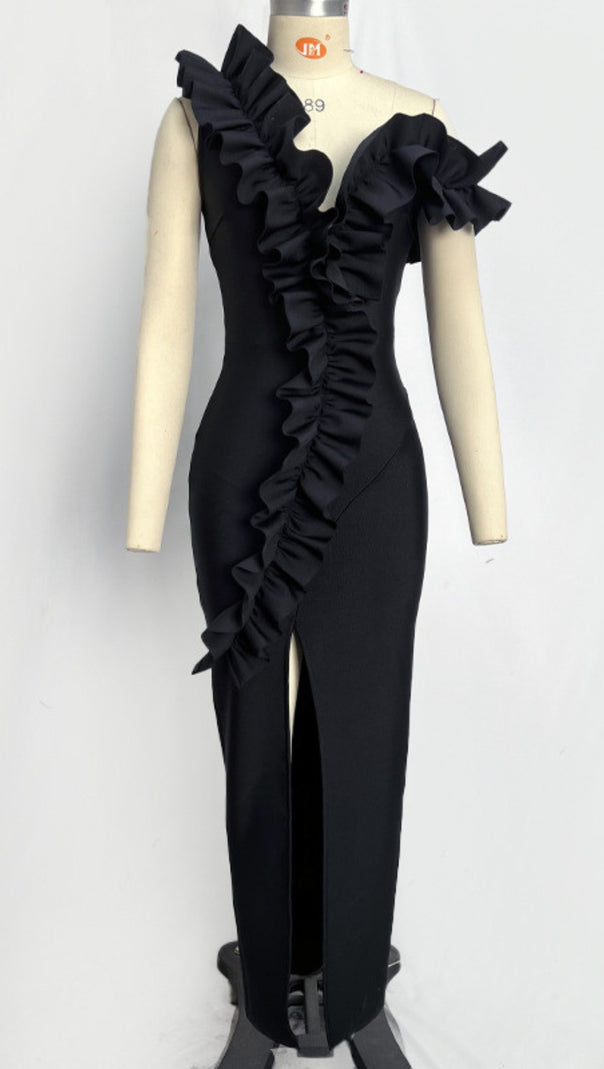 AIIZIE ONE - SHOULDER RUFFLE - TRIMMED SLIT MIDI DRESS IN BLACK - product image