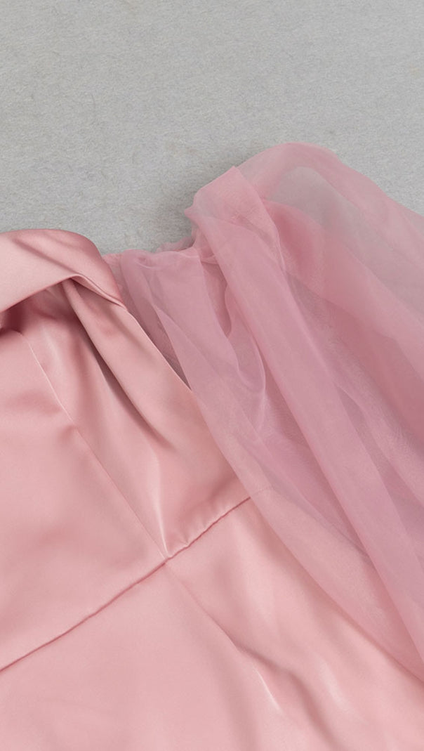 AIIZIE OFF - SHOULDER ORGANZA - SLEEVE SATIN MIDI DRESS IN PINK - product image