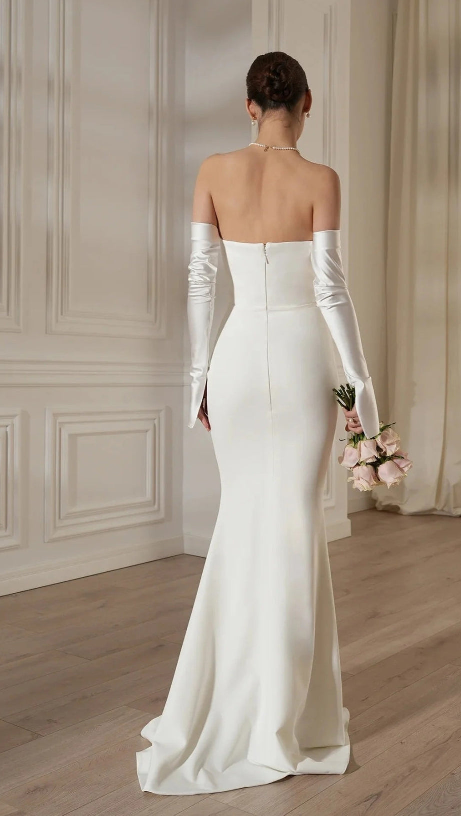 LONG SLEEVE STRAPLESS DRAPED MAXI DRESS WHITE