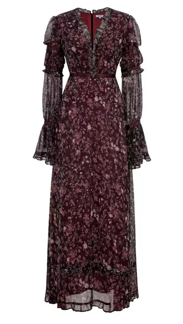 AIIZIE BURGUNDY FLORAL CHIFFON MAXI DRESS WITH RUFFLED SLEEVES - product image