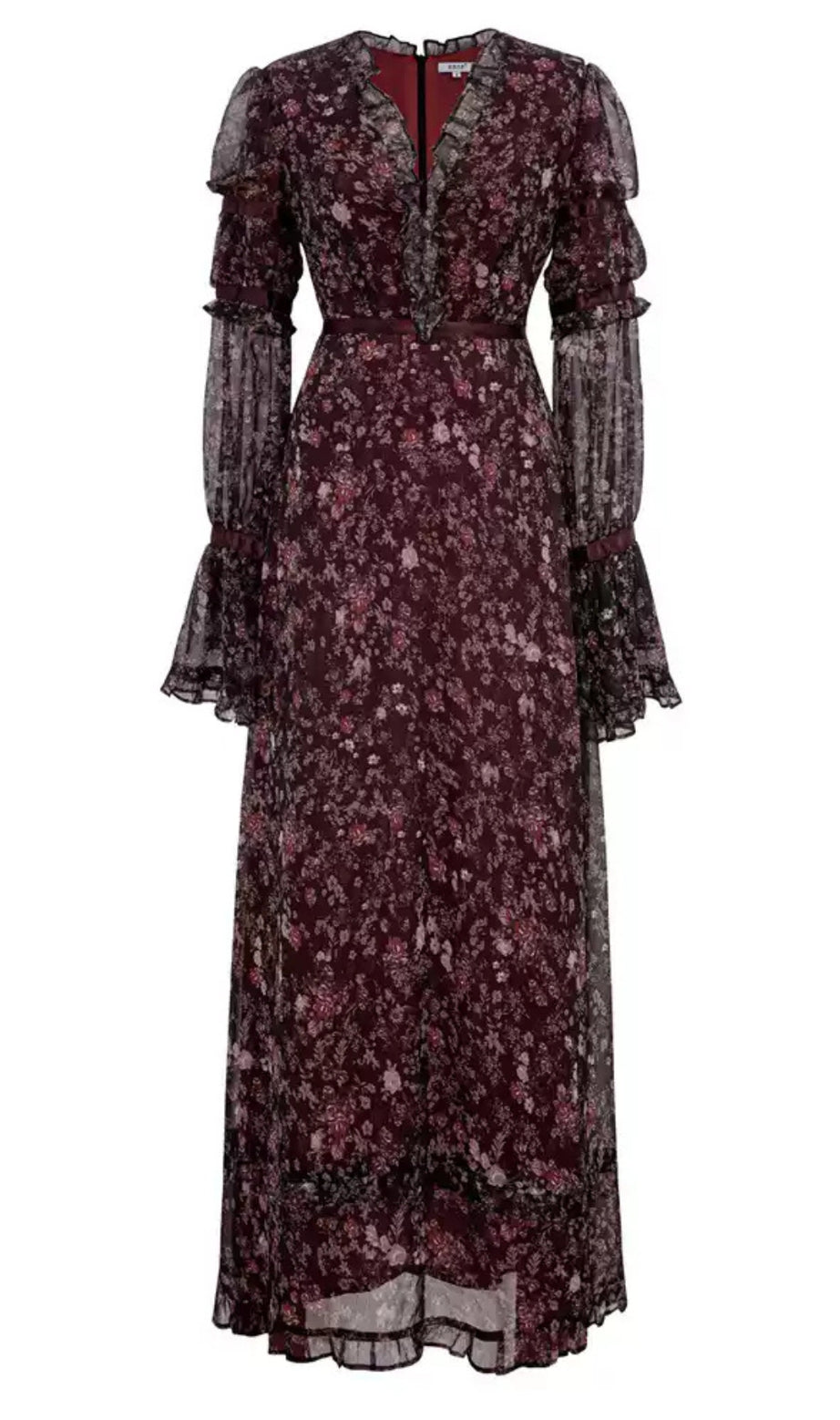 Abito lungo in chiffon floreale bordeaux con maniche arricciate 