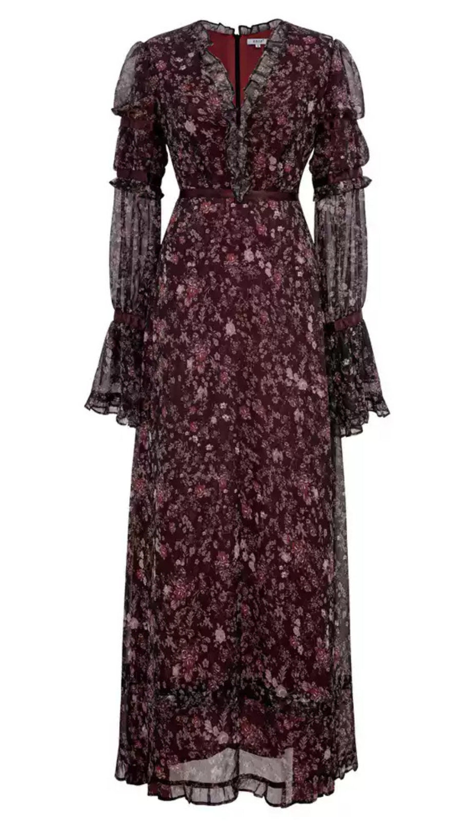 BURGUNDY FLORAL CHIFFON MAXI DRESS WITH RUFFLED SLEEVES