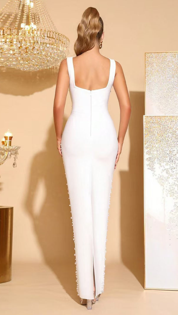 AIIZIE ADELA WHITE FLOWER BEADED SQUARE-NECK ELASTIC BANDAGE MAXI DRESS - product image