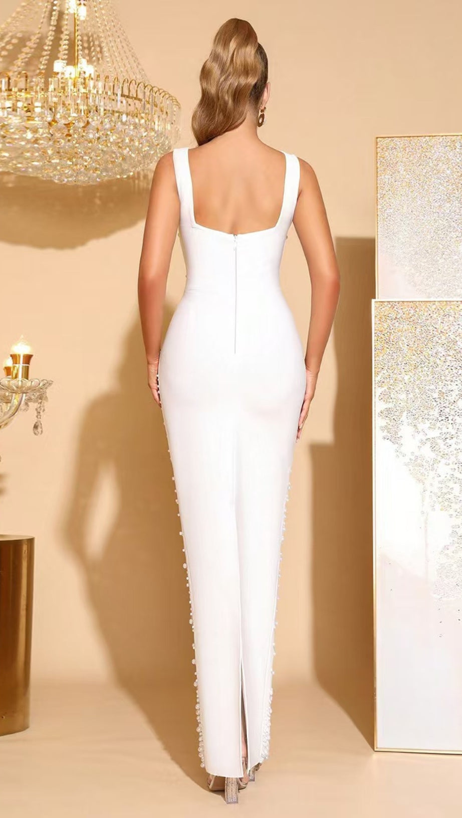 ADELA WHITE FLOWER BEADED SQUARE-NECK ELASTIC BANDAGE MAXI DRESS