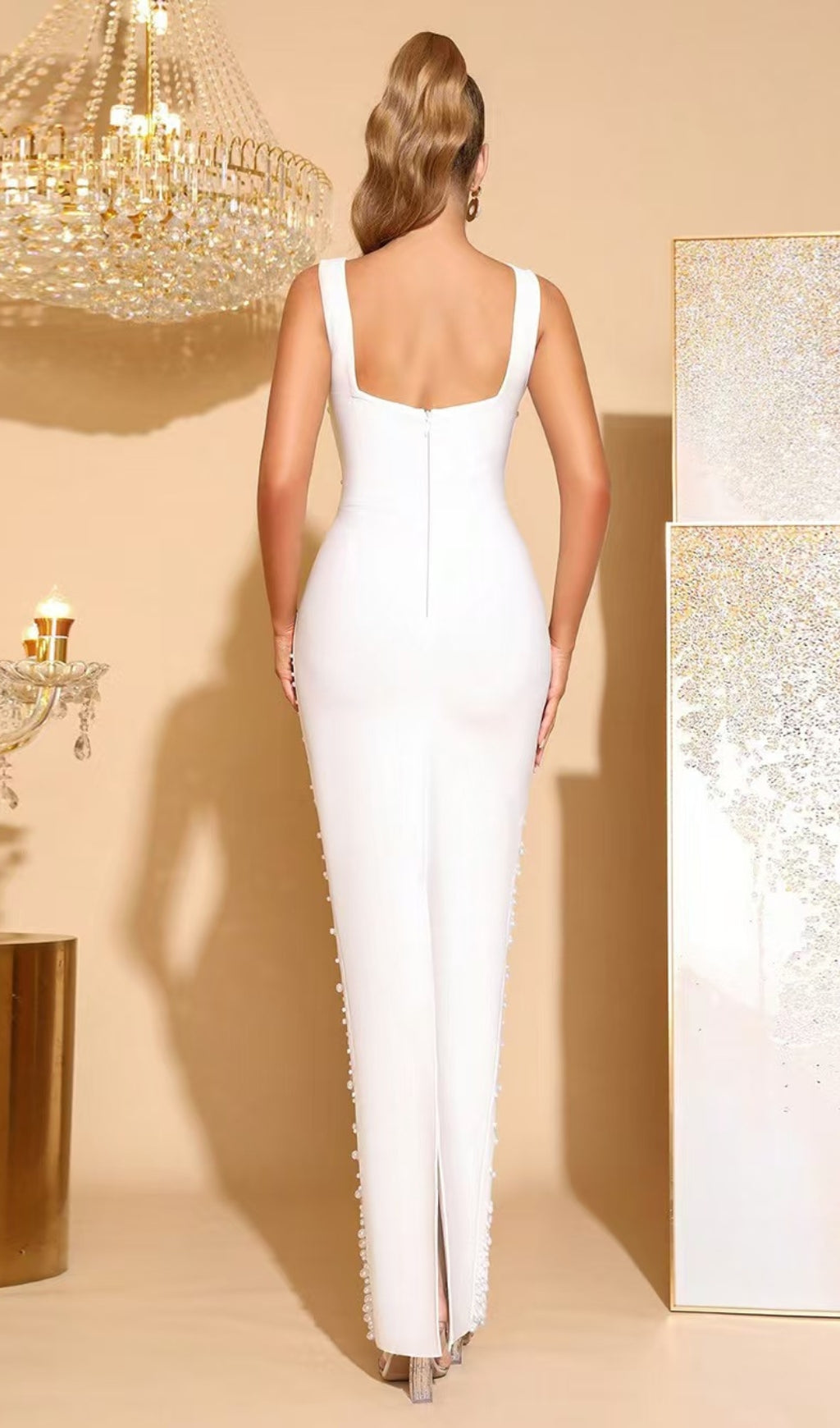 AIIZIE ADELA WHITE FLOWER BEADED SQUARE-NECK ELASTIC BANDAGE MAXI DRESS - product image