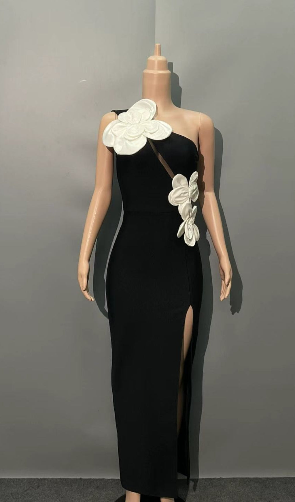 AIIZIE BLACK HELOISE FLOWERS SLIT ONE SHOULDER BANDAGE MAXI DRESS - product image