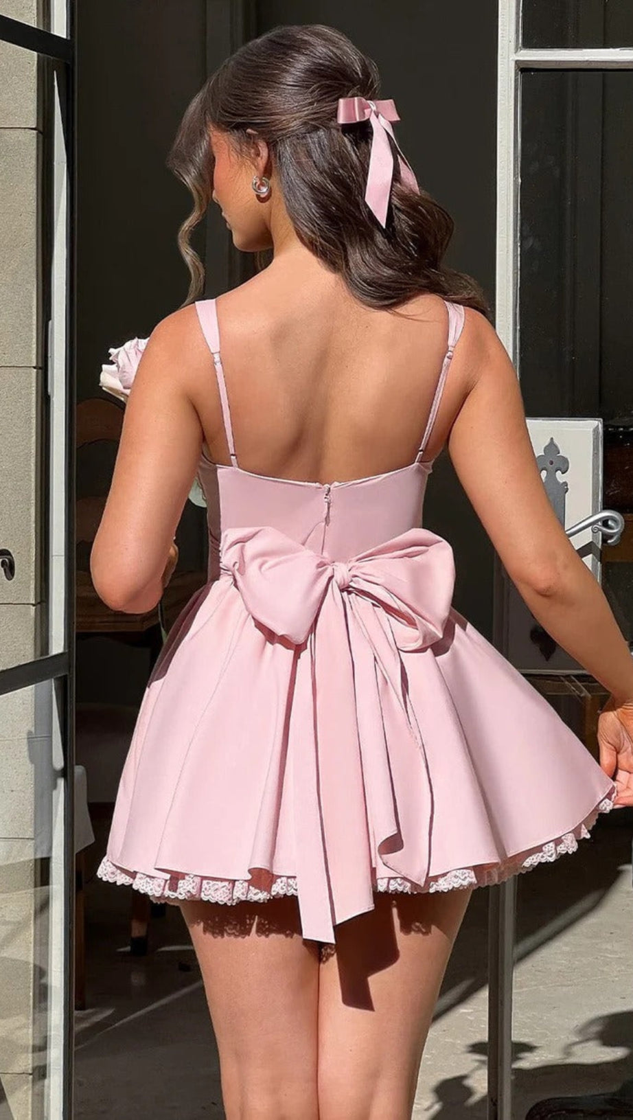 LACE RUFFLE TRIM CORSET MINI DRESS IN PINK