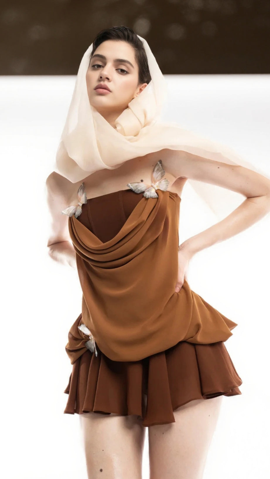 BROWN 3D BUTTERFLY FISHBONE TUNIC TOP MINI SKIRT SET