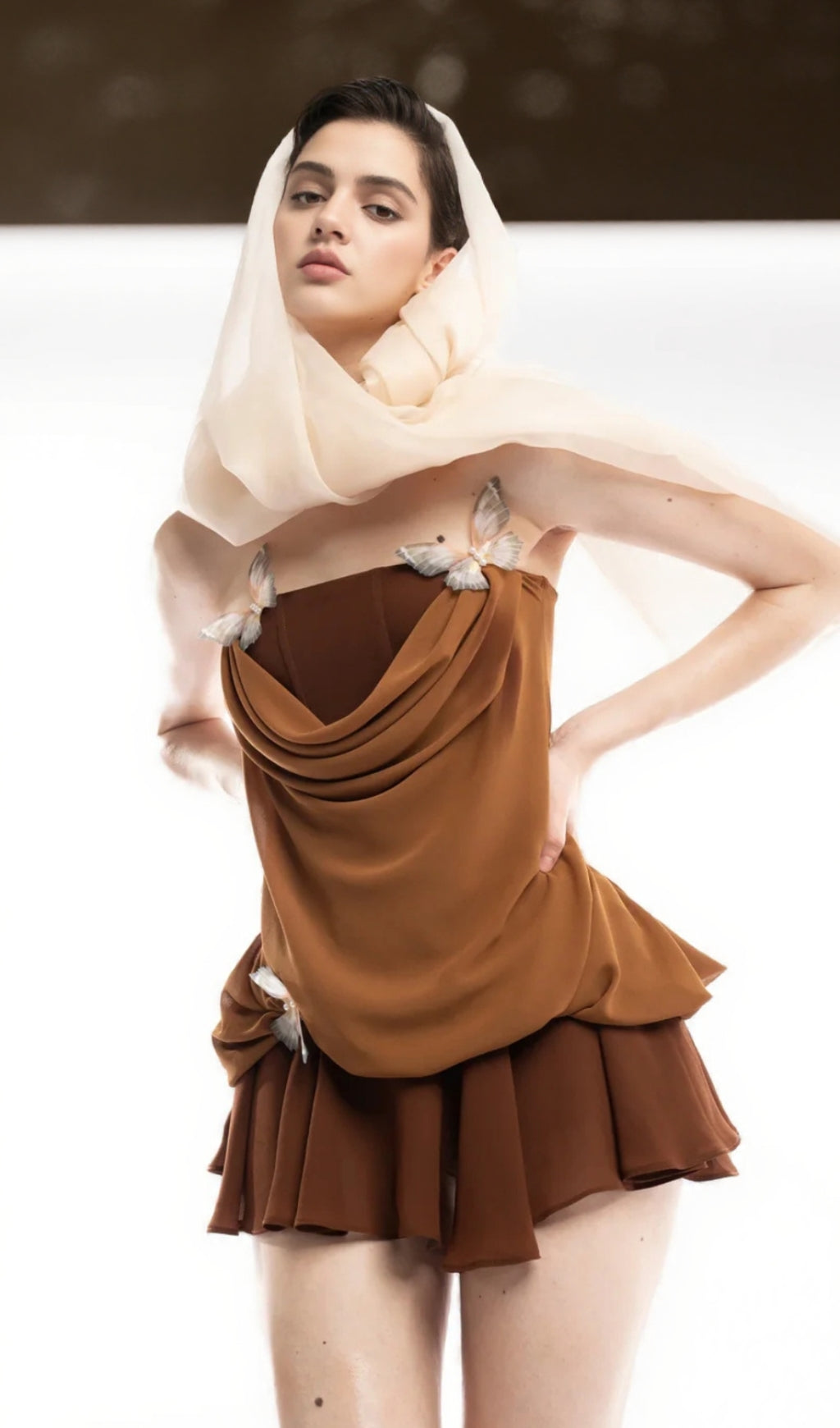 AIIZIE BROWN 3D BUTTERFLY FISHBONE TUNIC TOP MINI SKIRT SET - product image