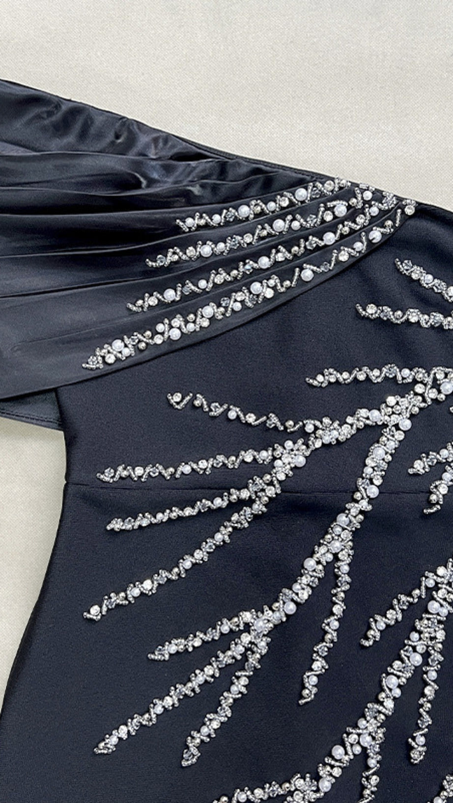 ONE SHOULDER RHINESTONE EMBELLISHED DRAPE GOWN IN BLACK