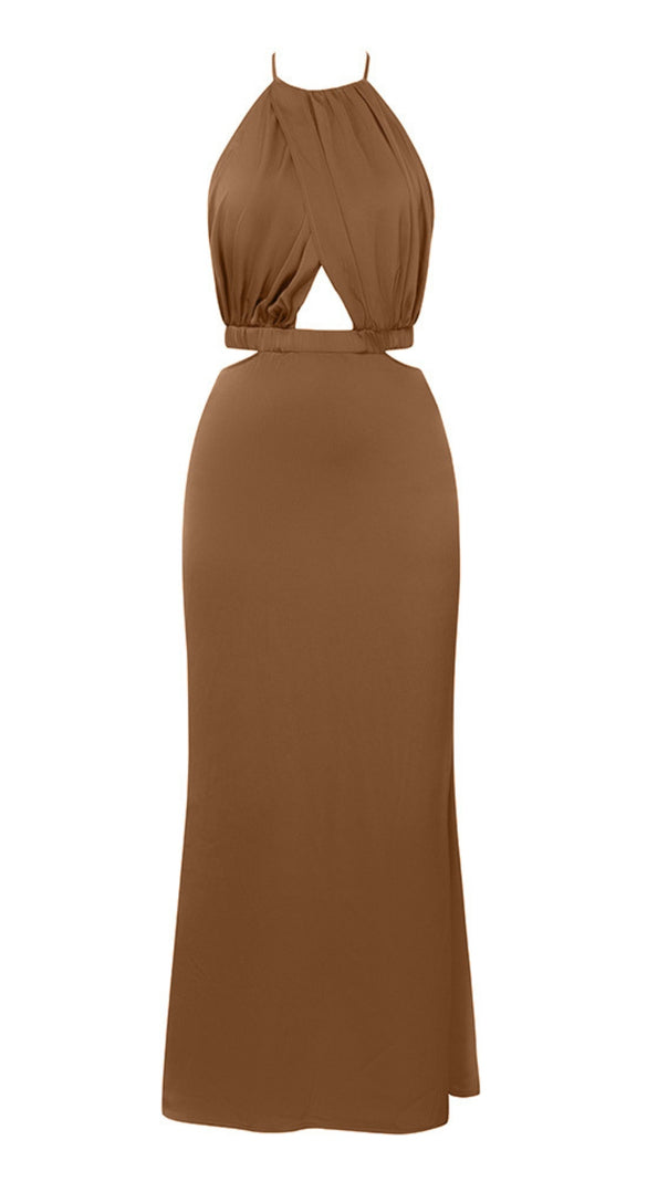 AIIZIE HALTER CUT - OUT SLIT MIDI DRESS IN BROWN - product image