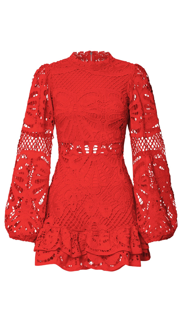 AIIZIE LONG PUFF SLEEVE LACE MINI DRESS IN RED - product image