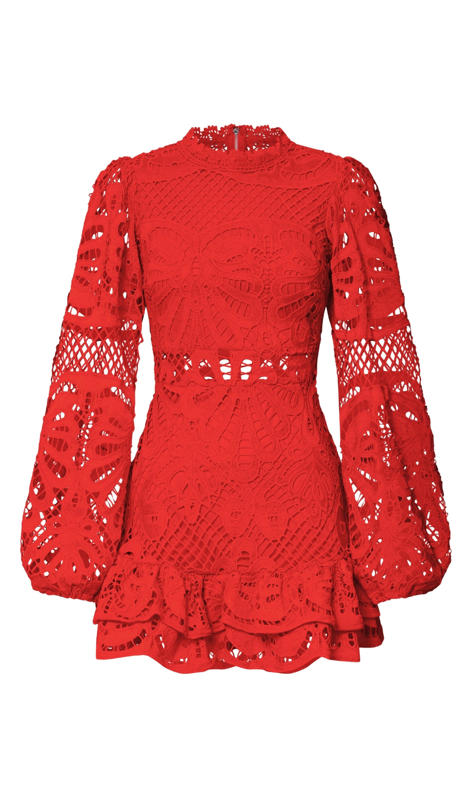 Long Puff Sleeve Lace Mini Dress In Red