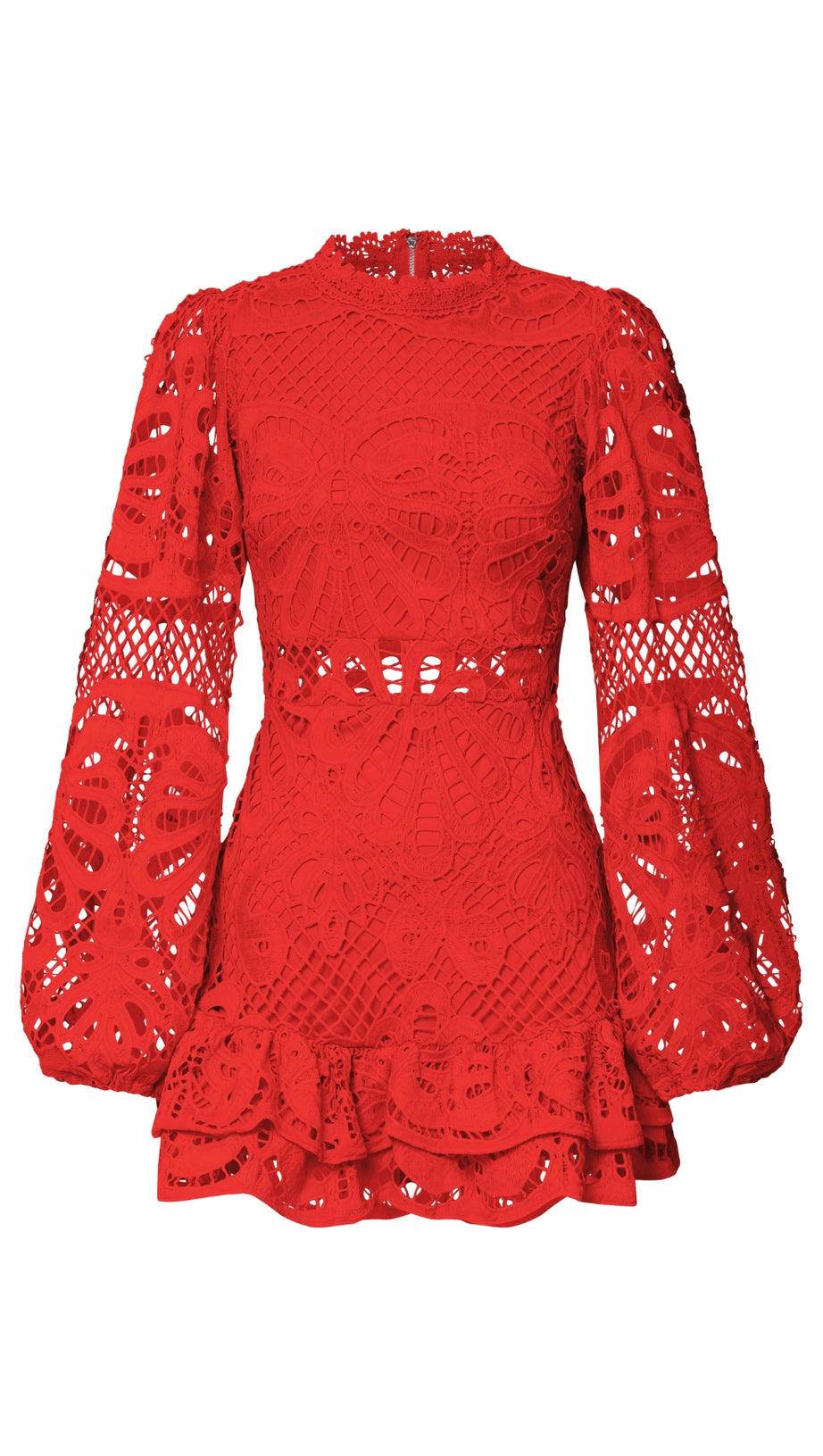 LONG PUFF SLEEVE LACE MINI DRESS IN RED