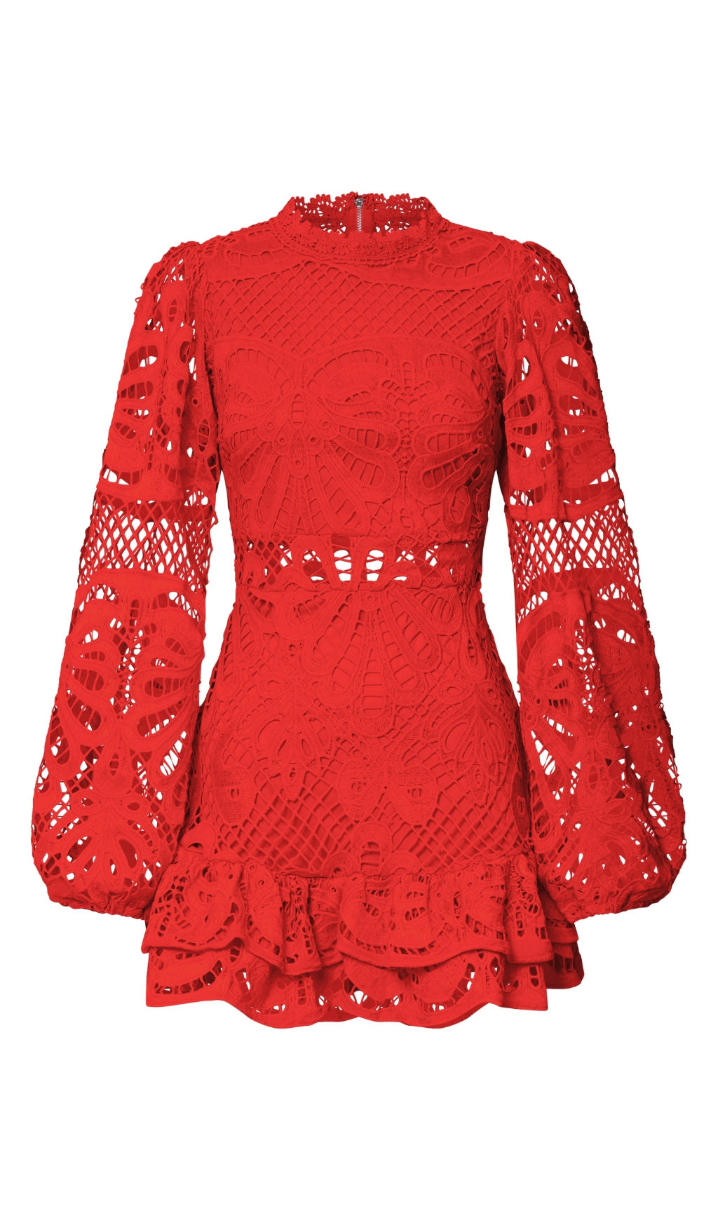 LONG PUFF SLEEVE LACE MINI DRESS IN RED
