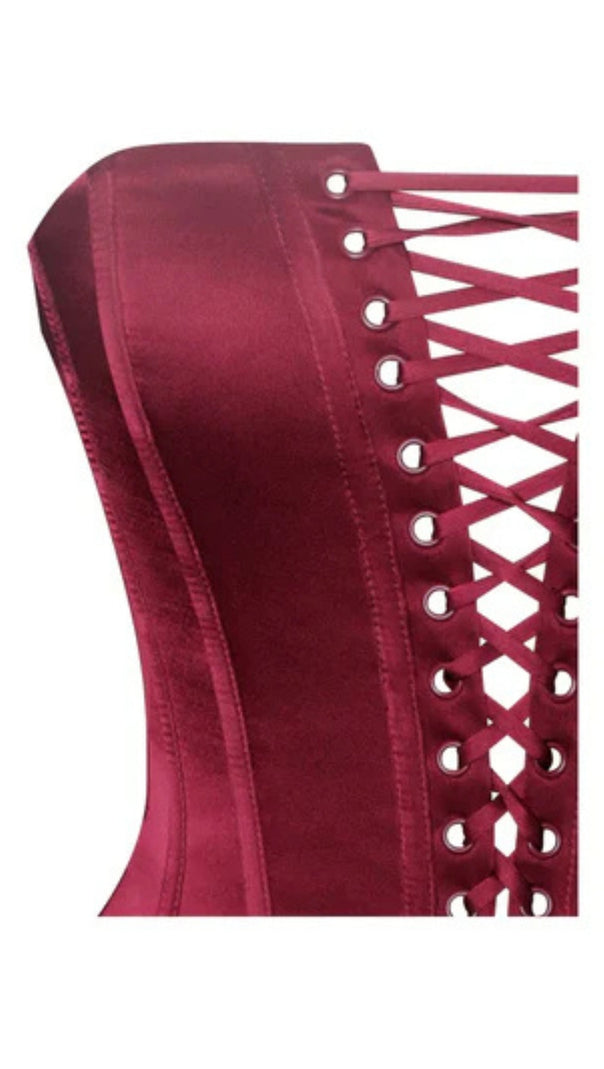 AIIZIE BURGUNDY SATIN LACE CORSET MAXI DRESS - product image