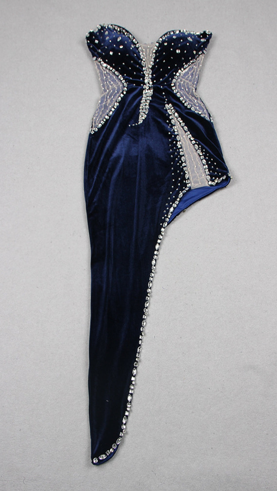 ABITO A SIRENA CON STRASS E TAGLIO ASIMMETRICO BLU