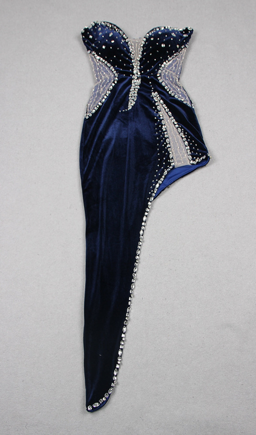 ABITO A SIRENA CON STRASS E TAGLIO ASIMMETRICO BLU