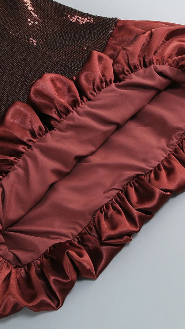AIIZIE STRAPLESS SEQUIN BUBBLE MINI DRESS IN BROWN - product image
