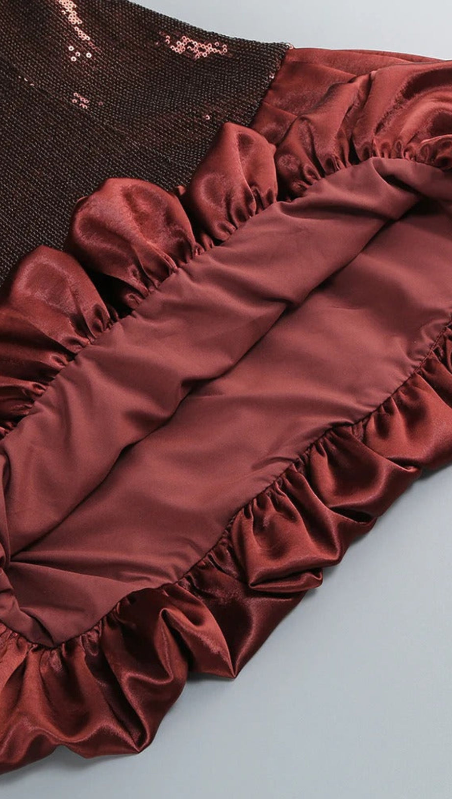 STRAPLESS SEQUIN BUBBLE MINI DRESS IN BROWN