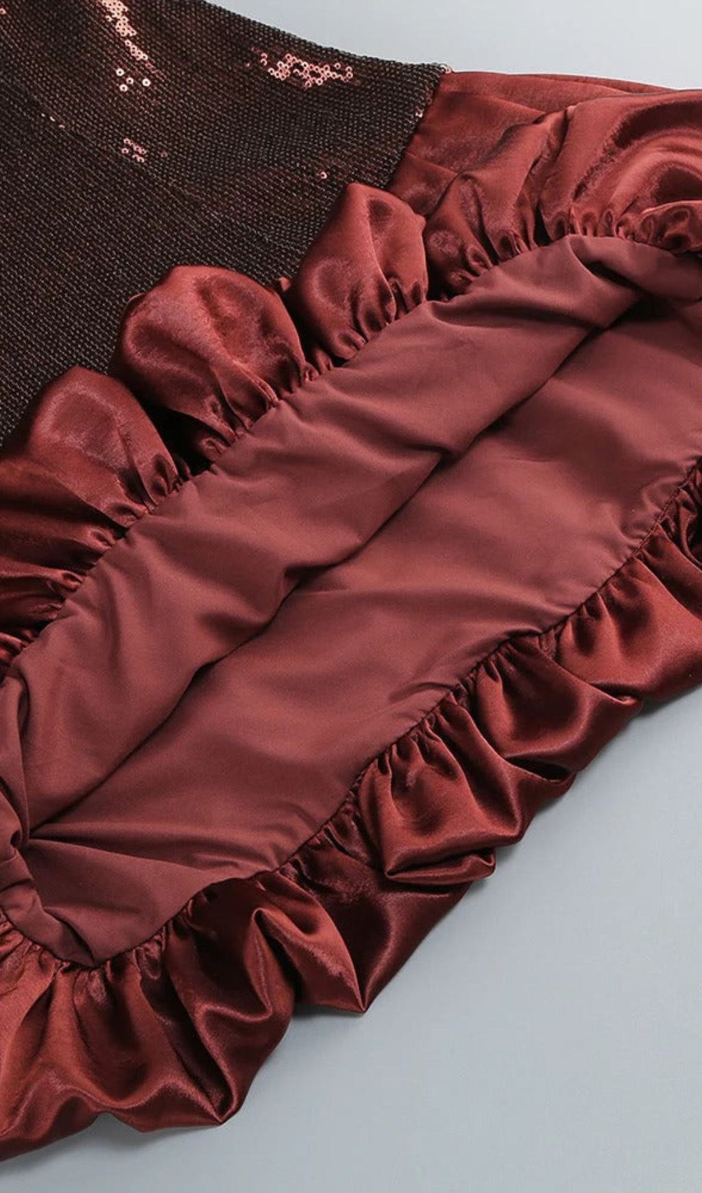 AIIZIE STRAPLESS SEQUIN BUBBLE MINI DRESS IN BROWN - product image